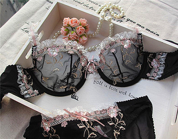 Ultra-Thin Cup Pink Embroidery Sexy Transparent Bra Set 37 - Seductive Serenity
